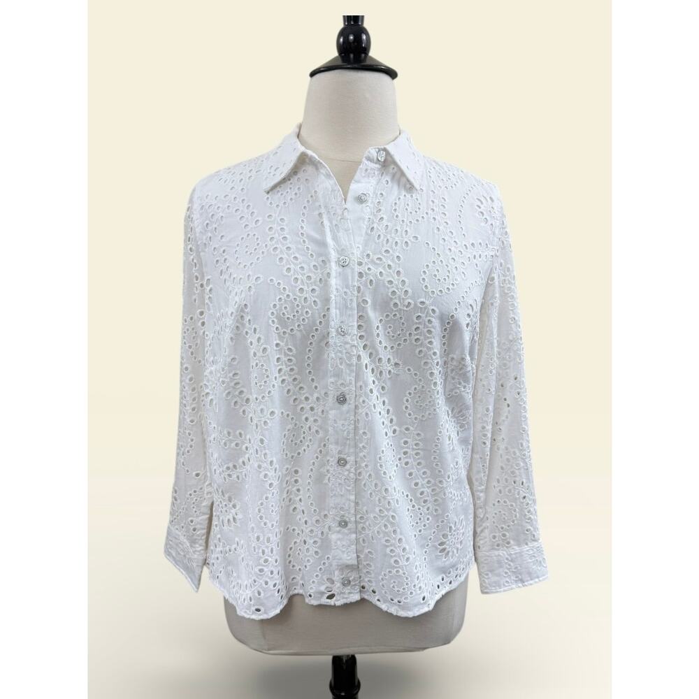 Talbots White Eyelet Button Down Blouse, Size 1x - image 1